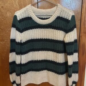 Abercrombie & Fitch Cream and Dark Green Striped Wool Sweater